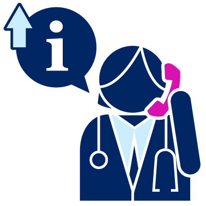 A doctor having a conversation on a phone. They have a speech bubble with an information icon in it and an arrow pointing up next to it.