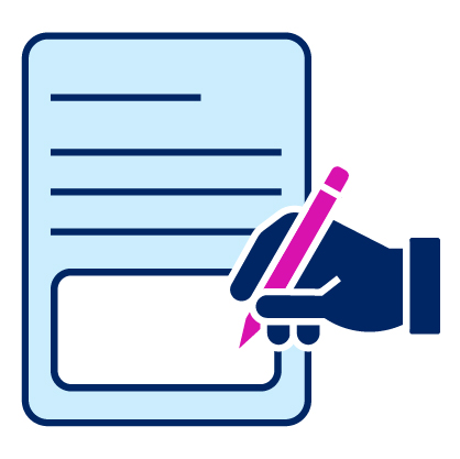 A hand holding a pen and writing on a form document.