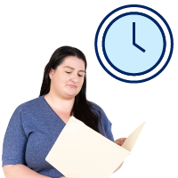 A person reading a document. Above them is a clock.