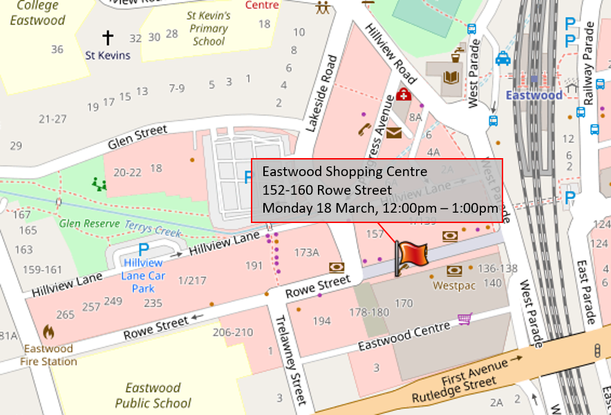 Map with flag marking Eastwood Shopping Centre 152-160 Rowe Street, dated Monday 18 March 12pm to 1pm.