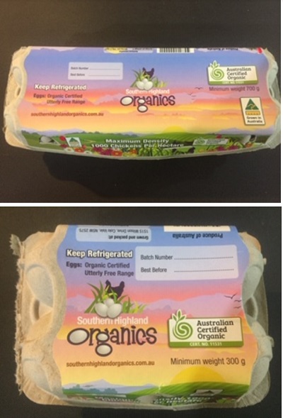 Egg cartons with 'Southern Highland Organics' branding