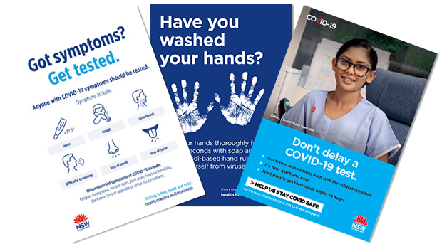 COVID-19 posters with messages including 'Got symptoms? Get tested', 'Have you washed your hands?', 'Don't delay a COVID-19 test'