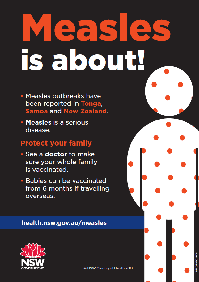 Measles is about! Outbreaks in the Pacific poster (English)