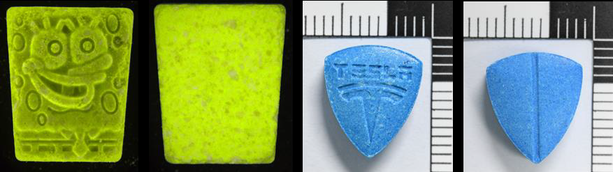 Yellow tablet stamped with a SpongeBob character, and a blue tablet stamped with a Tesla logo