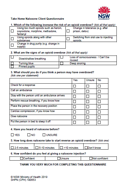 Take home naloxone client questionnaire